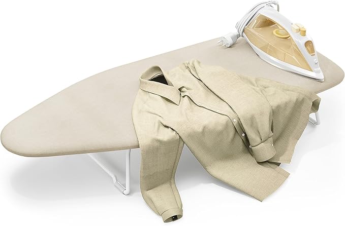 Small Ironing Board top with Heat Resistant Cover, Compact Mini Ironing Board with Metal mesh Frame,for Dorm,Apartment and Travel, Hook for Hanging, Iron Board, Iron Table Stand 12”×30” Cream White