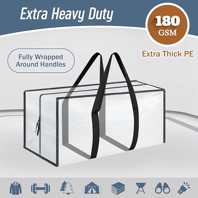 12 Pack Extra Heavy Duty Large Moving Bags with Strong Zipper, White | Comfortable Handles, Sturdy & Durable Clothes Storage Bags Totes Bins, Blue Packing Moving Boxes for College Supplies
