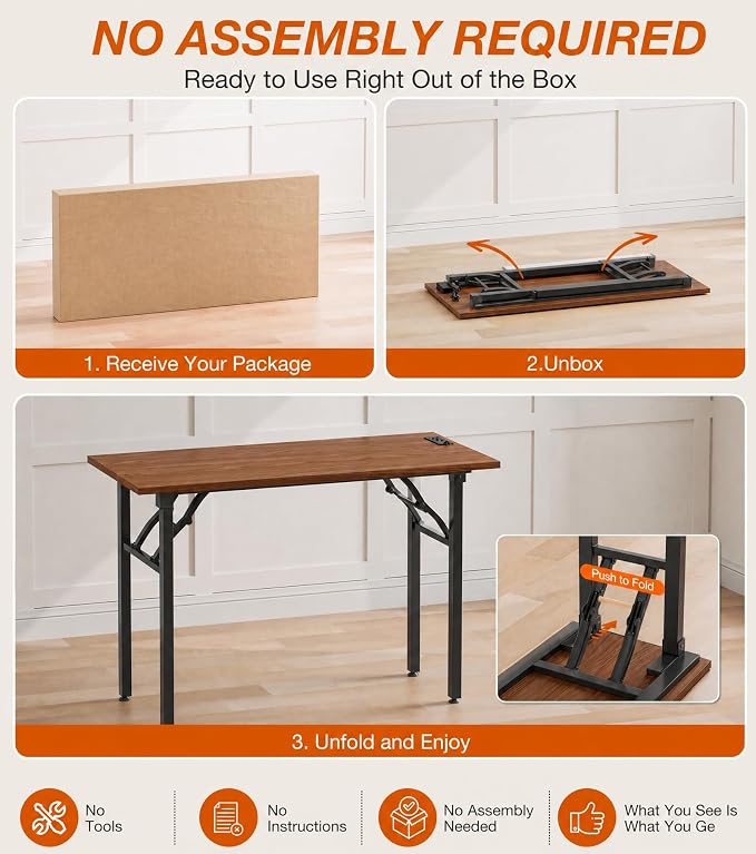 XBurmo Small Folding Desk Folding Table, No Assembly Foldable Desk Gaming Desk, 43.3-Inch Computer Table Workstation with 2 AC Outlets and 2 USB Ports for Bedroom and Home Office, Dark Walnut