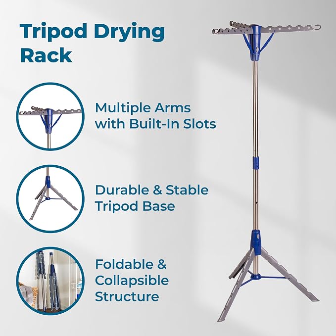 Honey-Can-Do 64-Inch Steel Tripod Clothes Drying Rack, Foldable Collapsible Laundry Stand with 3 Rotatable Arms, Holds 30 Hangers, Space-Saving Indoor Outdoor Air Dry Rack, Blue
