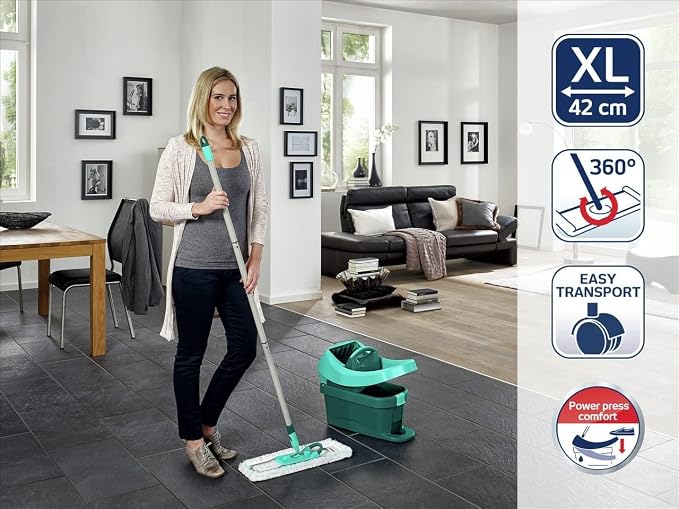 Leifheit Floor Cleaning Profi XL Mop and Bucket Set – 42 cm Microfibre Mop for Large Floors with 360° Joint, Foot-Pedal Wringing System, Heavy Duty 8 L Bucket, Easy Moist or Wet Cleaning, Turquoise | Bucket wringer on wheels, foot wringing system, 2 Mi...