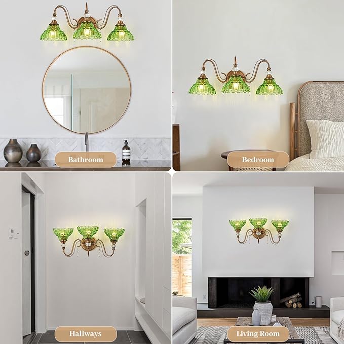 Vintage Bathroom Vanity Light, 3-Light Matte Antique Brass Finish Wall Sconce with Hanging Crystal Accents and Flower-Shaped Green Glass Shades, Retro Wall Mount Vanity Light Over Mirror for Bathroom
