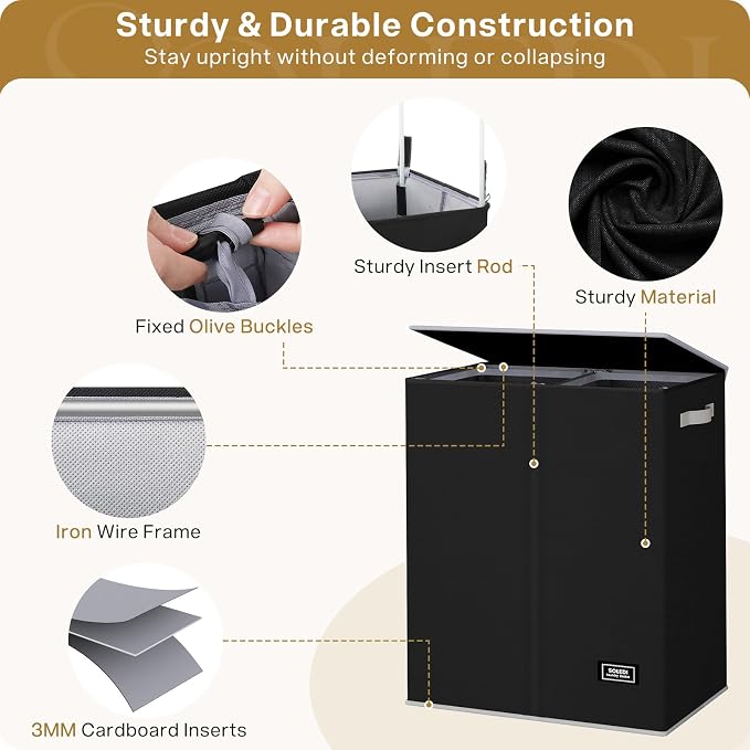 SOLEDI Double Laundry Hamper with Lid and Removable Laundry Bags,Divided Laundry Bin - Large Clothes Hamper 2 Section - Collapsible Laundry Baskets for Bedroom, Bathroom, Laundry Room,Black
