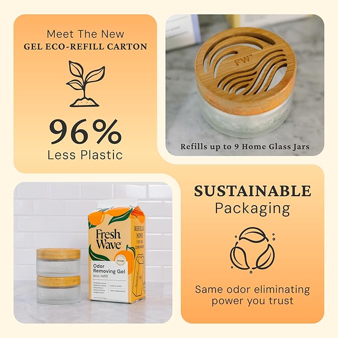 Fresh Wave Odor Removing Gel Eco-Refill, 63 oz. Orange Scent | 2 Empty Refillable Glass Jars | 2 Room Set