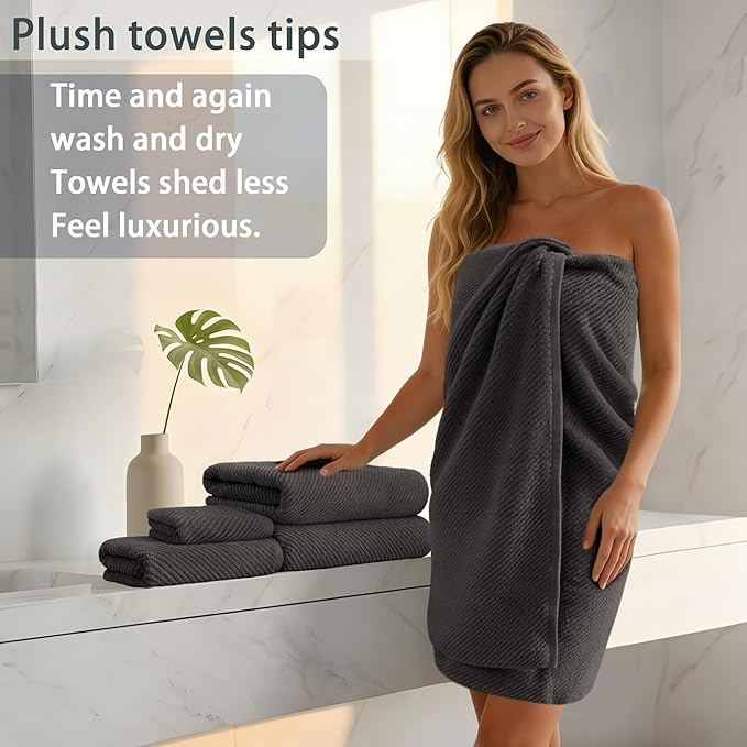 VOOVA & MOVAS Bath Towels 4PC, 100% Cotton, 30x56 in, Dark Gray | Quick Dry, Thick, Soft, Absorbent, Luxury Hotel Shower Towel, Bath Towel Gift Set