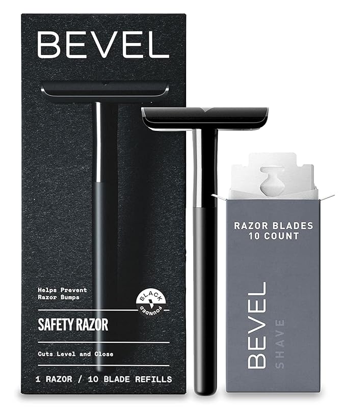 Bevel Safety Razor with Brass Weighted Handle and 10 Double Edge Safety Razor Blade Refills, Single Blade Razor for Men, Designed for Coarse Hair to Prevent Razor Bumps, Black