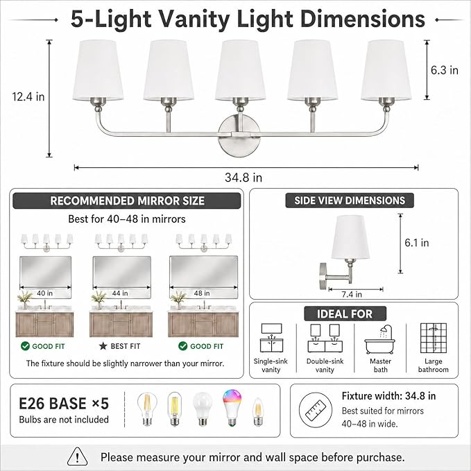 Bathroom Vanity Light, Brushed Nickel Bathroom Light Fixtures, 5-Light Lighting Fixtures Over Mirror, Modern Wall Sconce with Flared White Fabric Shade, E26 Socket(ETL Listed)