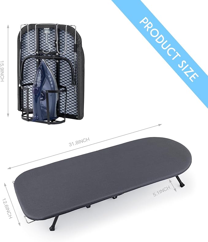 BiJun Small Ironing Board, Foldable Table Top Ompact Portable Mini Ironing Board w/Iron Rest, Set for Dorm Rooms, RVs, Travel Apartments Black Easy to Use and Save Space