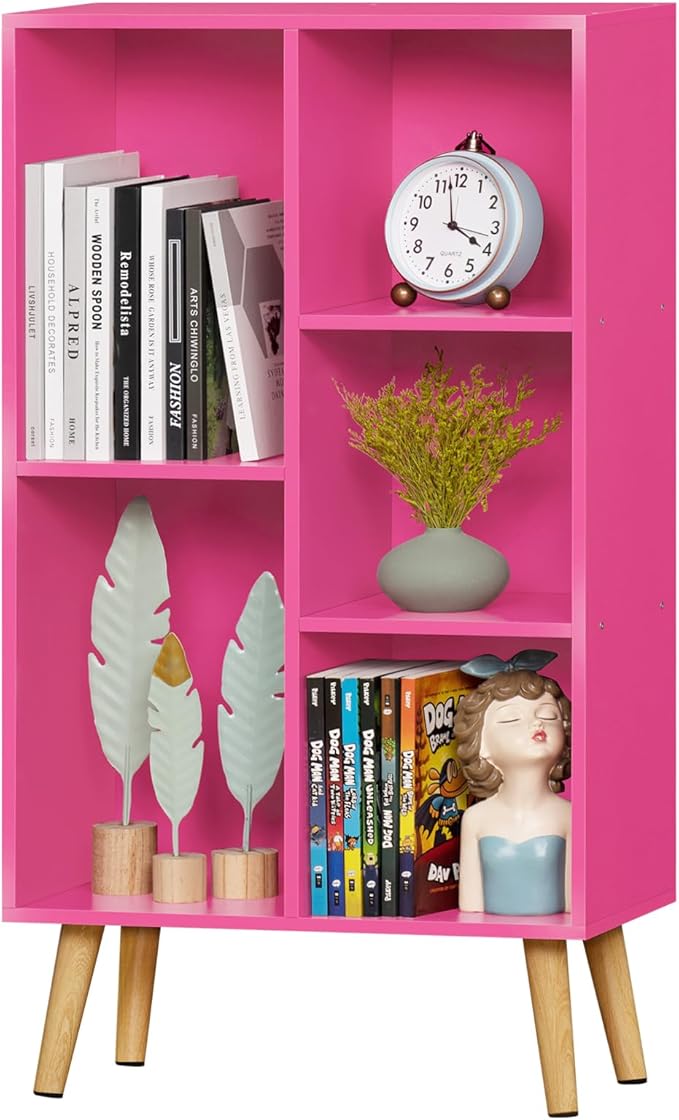 LEYAOYAO 5 Cube Bookshelf, Mid-Century Modern Book Shelf with Legs, Pink | 3 Tier Bookcase, Rustic Wood Bookshelves Freestanding Small Storage Organizer, Open Shelves for Bedroom, Living Room, Office