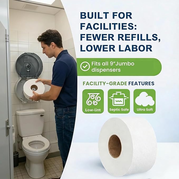 Commercial toilet paper - Jumbo toilet paper rolls -3,600 FT Industrial 3-Ply 9” Bulk Large Roll for Standard Jumbo Dispenser -100% Recycled Fibers-Soft and Absorbent Bathroom Tissue -6 Roll Case Pack