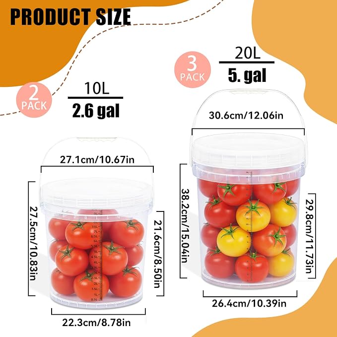 5 Gallon Bucket with Lid & 2.6 Gal Plastic Food Storage Containers, 5 Pack Clear Buckets with Lids, Food Grade Pail for Ice Cream, Dog Food, Water, Large Quart Container with Handle