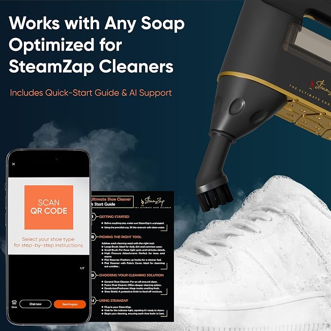 Handheld Shoe Steam Cleaner – All-in-One Shoe Care with Pro Steam Power | 5 Attachments to Clean, Deodorize & Remove Creases from Sneakers, Dress Shoes & Boots