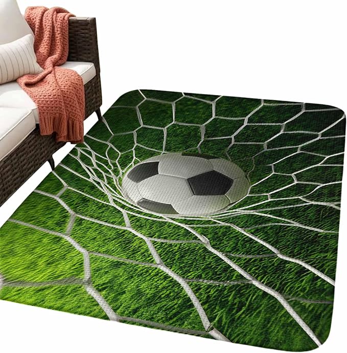 Soccer Washable Area Rugs for Living Room Bedroom, Large Non Slip Indoor Floor Carpet Absorbent Low Pile Goal Net Competitive Green Grass Athletic Door Mat Rugs for Bathroom Entryway 63"x90.6"