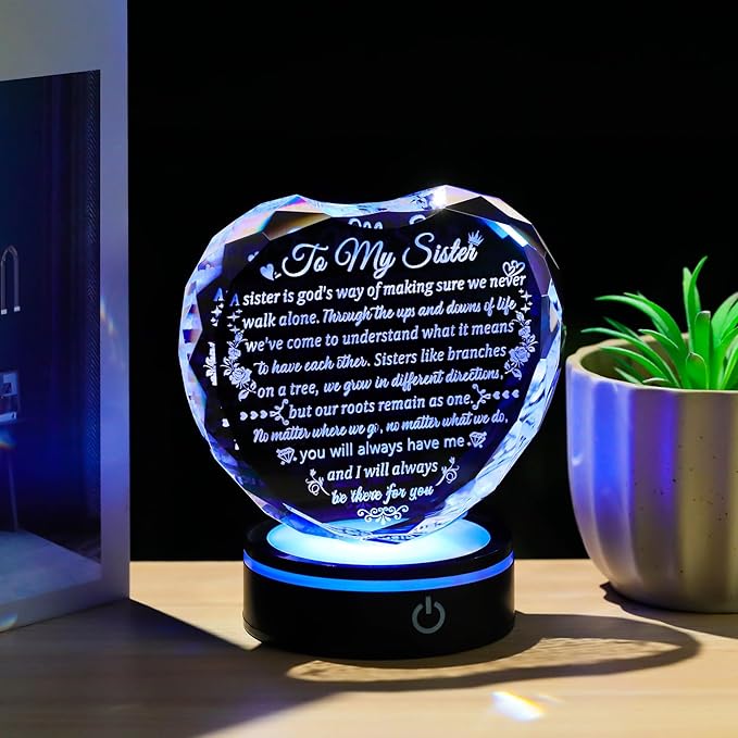 Arikyrist Sister Gift from Sister Brother on Birthday with Colorful LED Base, Crystal Heart Keepsake for Sisters Women - Mother's Day Valentine Gift Idea for Her