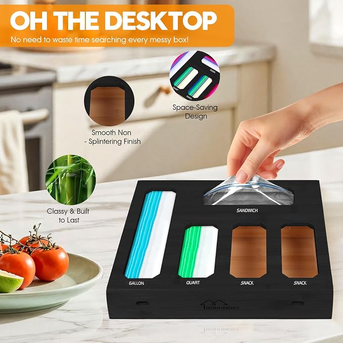 Bamboo Ziplock Bag Storage Organizer for Drawer -Black, 5 in 1 Baggie Organizer with 24 Labels - Fits Gallon, Quart, Sandwich & Snack Bags - Wall Mountable Kitchen Drawer Organizer