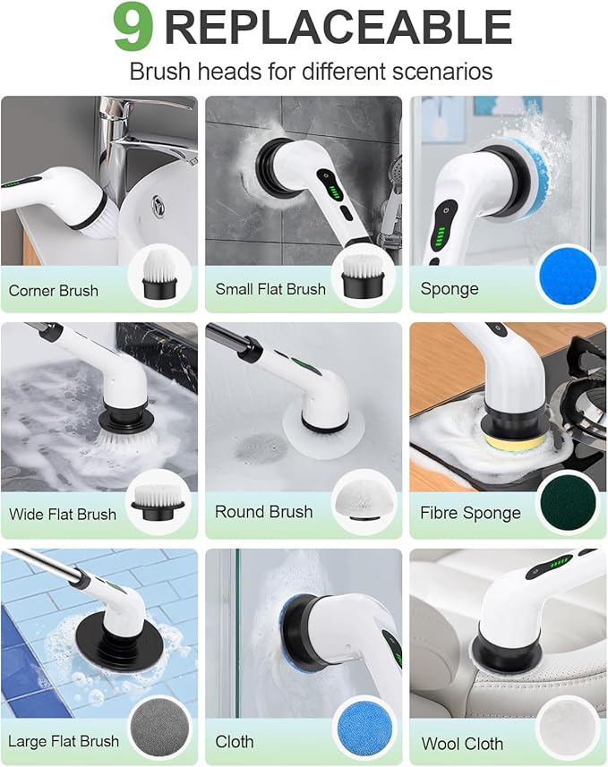 Cordless Electric Spin Scrubber, 9 Brush Heads, 2-Speed Motor | Floor cleaning, bathroom scrubber, tile floor scrubber, extension arm, IPX7 waterproof, tub, sink, grout, wet- dry vacuum