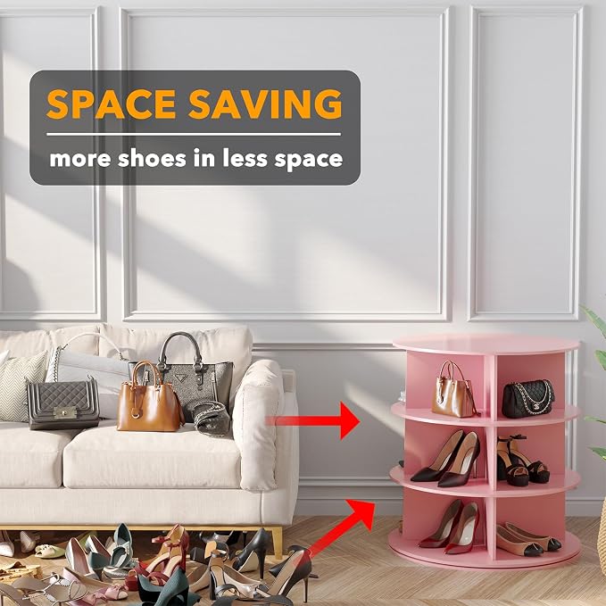 SpaceAid 3 Tier Rotating Shoe Rack Tower, Spinning Shoe Display Lazy Susan, Revolving 360 Shoe Rack Storage Round Carousel, Vertical Handbag Rotate Shoes Closet Organization (3-Tier Pink)
