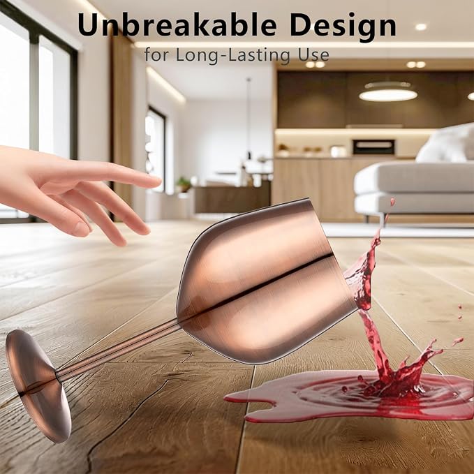 UNISWEET Unbreakable Stainless Steel Wine Glasses Set of 2, Red Copper | 17oz Unique Fancy Metal Wine Goblets, Shatterproof, Ideal for Outdoor, Camping, Travel, Pool, Great Gift for Wine Lovers