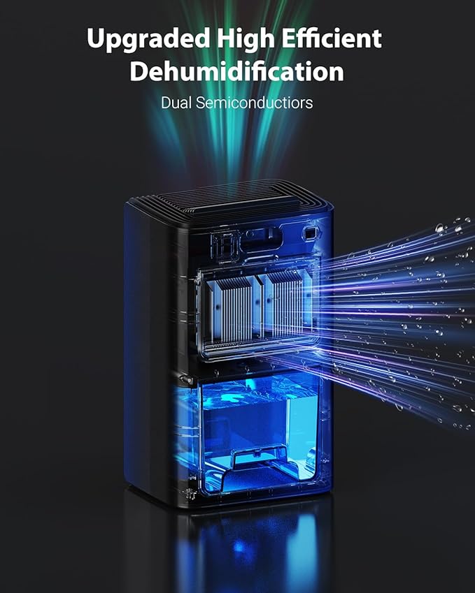 UBBO 95oz Dehumidifiers for Home, 1000 Sq.Ft Dehumidifier with Drain Hose - Auto Shut Off, Timer, Sleep Mode & Drain Hose - 7 Color Light for Bedroom, Bathroom, RV - Black