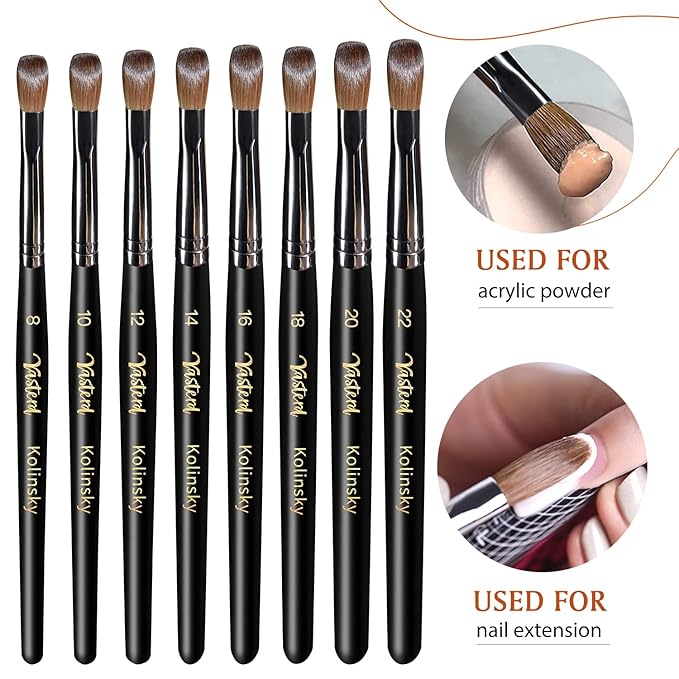 Yasterd Acrylic Nail Brush 100% Kolinsky Acrylic Brushes for Nails Size 8 Oval Crimped Shaped Nail Brushes for Acrylic Application Black Wood Handle Professional Nail Art Powder Brush Manicure Tool