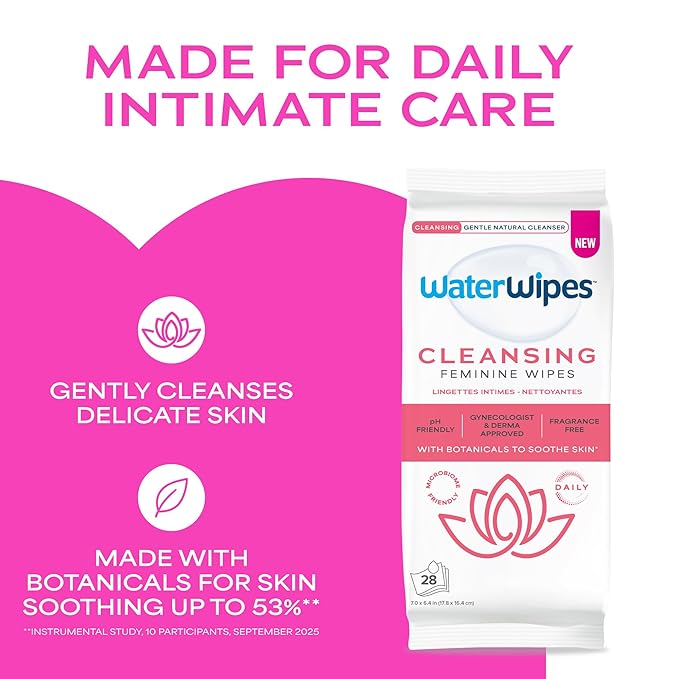 WaterWipes Cleansing Feminine Wipes, pH Friendly for Daily Intimate Care, Soothing Botanicals, Gynecologist Approved, Fragrance Free, 112 Count (4 Packs)
