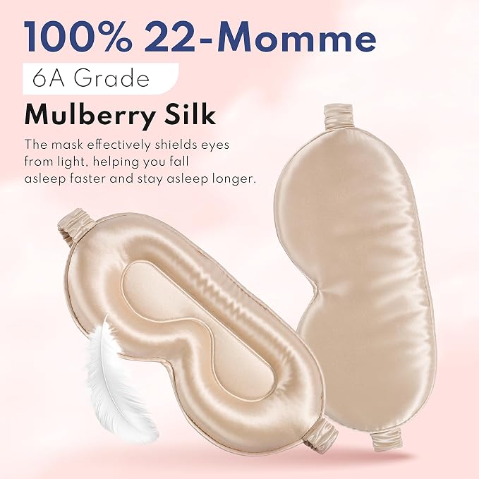 Blissy Silk Sleep Mask Profile - 100% Pure Mulberry Silk 22 Momme 6A Fibers Silk Eye Sleeping Mask for Women & Men for Total Blackout - Blindfold Silk Sleep Mask Side Sleeper Eye Cover (Champagne)