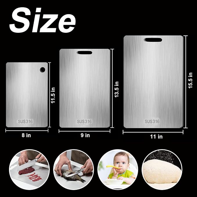 Stainless Steel Cutting Board with Lip, Katori Cutting Boards for Kitchen Double Sided Non Toxic & Non Moldy, Dishwasher Safe Gift for Home Cooks/Outdoor Camping, Fit Meat/Vegetable/Fruit (1PC-L)