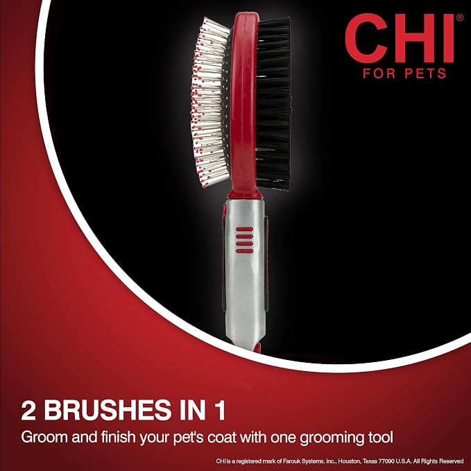 CHI for Dogs Double Sided Pin and Bristle Grooming Brush, 2 in 1 Dog Grooming Brush for Detangling and Smoothing Coats, Removes Loose Hair and Light Tangles, Ergonomic Handle