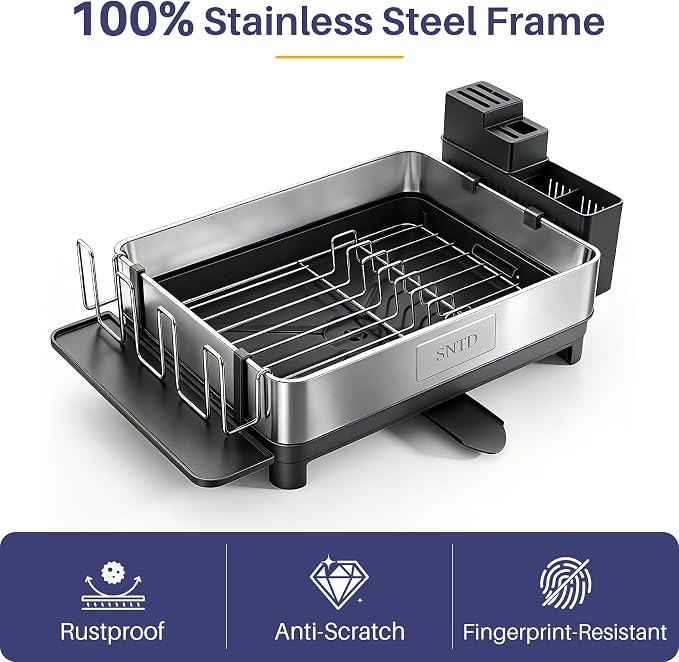 SNTD 304 Stainless Steel Dish Drying Rack for Small Kitchen Counter, Black | Rustproof, Large Capacity, Heavy-Duty Frame, Rotating Spout, Angled Drainboard, Removable Cup & Utensil Holder