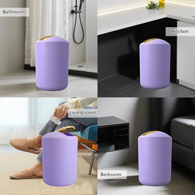 BSSN Purple and Gold Bathroom Accessories Set, 9 Pieces Luxury Bath Decor Set with Trash Can, Toilet Brush, Gold Pump Soap Dispenser, Multi-Slot Toothbrush Holder, Qtip Jars and Tray