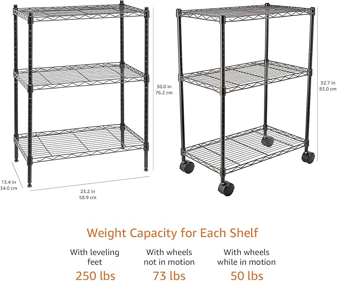 Amazon Basics 3-Shelf Adjustable Heavy Duty Storage Shelving Unit on 2" Wheels, Metal Wire Rack for Garage, Utility Shelving with Leveling Feet, 23.2"L x 13.4"W x 32.75"H, Black