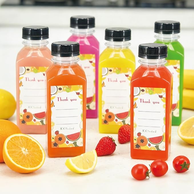 48 Pack 12oz Clear Reusable Plastic Juice Bottles with Caps, Food Grade BPA-Free Leak Proof Juicing Containers with 48 Labels & brush& Silicone Funnels for Homemade Juice, Smoothies & Travel