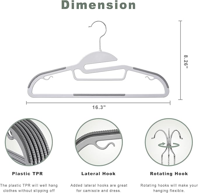BAGAIL Plastic Hangers 50 Pack with Non-Slip Design,0.2 Inches Thick, 360°Swivel Hook Space Saving Organizer for Bedroom Closet,Shirts,Pants(Grey- S Shaped)