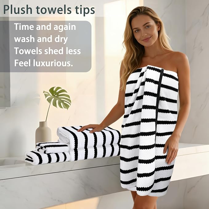VOOVA & MOVAS 6PC Towel Set, 100% Cotton, Black White | 2 Large Bath Towels 30x56 In, 2 Hand Towels 18x28 In, 2 Washcloths 13x13 In, Quick Dry, Thick, Soft, College Dorm Towels