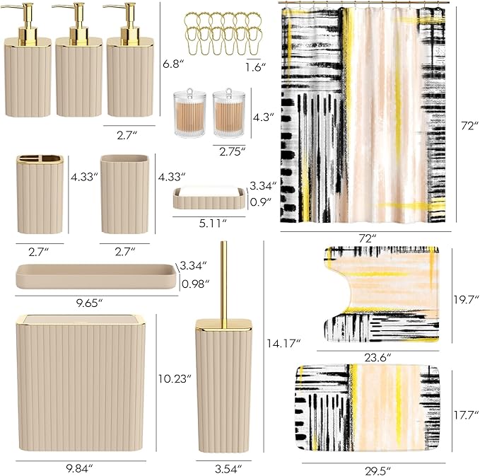 Bathroom Set - Bathroom Accessory Set, Beige Bathroom Set, 26PC Bathroom Sets with Shower Curtain and Rugs, Toilet Brush, Trash Can, Qtip Holder & Bathroom Soap Dispenser Set