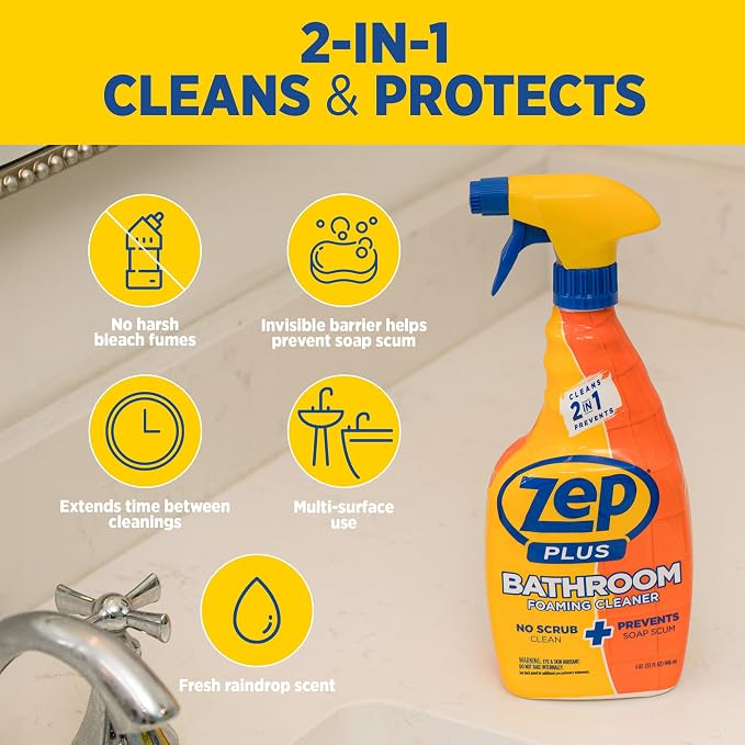 Zep Plus Bathroom Foaming Cleaner - 32 OZ (Case of 12) - R54012 - Prevents Soap Scum Buildup + Long-Lasting Protection - Bleach-free