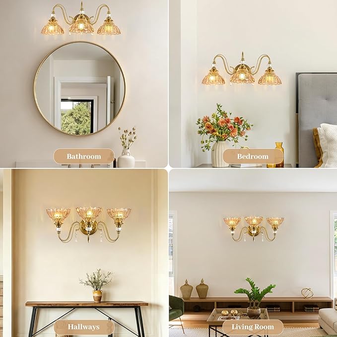 Vintage Bathroom Vanity Light, 3-Light Brushed Gold Finish Wall Sconce with Hanging Crystal Accents and Flower-Shaped Amber Glass Shades, Retro Wall Mount Vanity Light Over Mirror for Bathroom