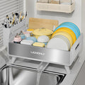 Dish Drying Rack, Thicker Premium Aluminum Frame and 304 Stainless Steel Plate Rack for Kitchen Counter, Automatic Drainage Spout, Dish Drainer & Drainboard Set with Utensil Holder, White