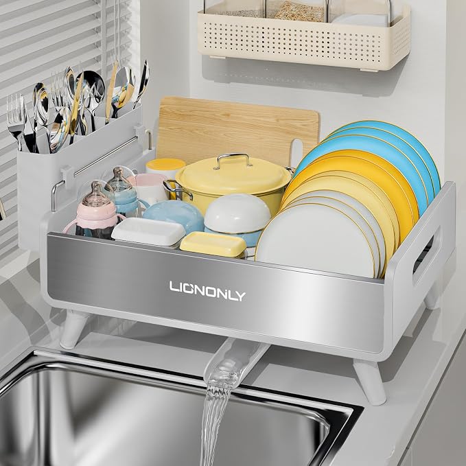 Dish Drying Rack, Thicker Premium Aluminum Frame and 304 Stainless Steel Plate Rack for Kitchen Counter, Automatic Drainage Spout, Dish Drainer & Drainboard Set with Utensil Holder, White