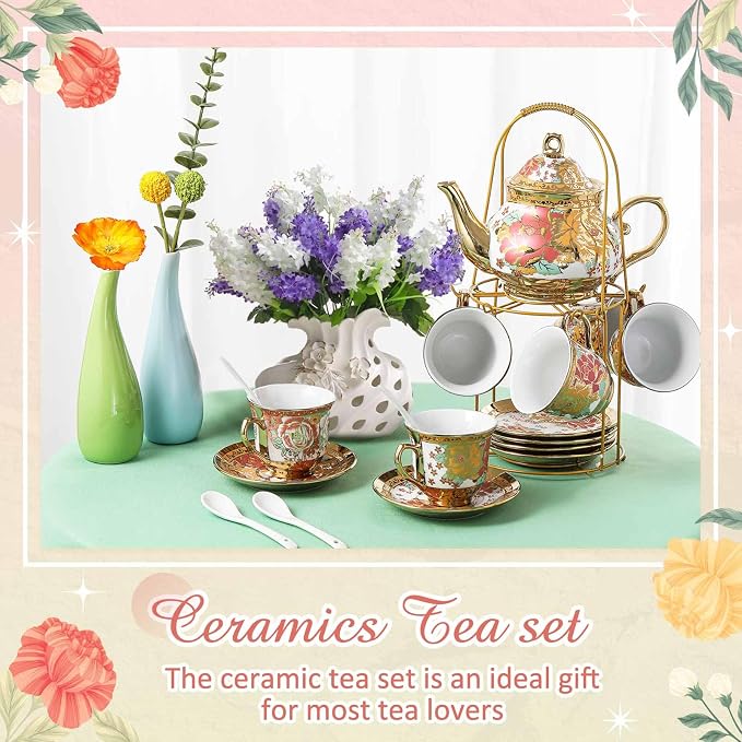 Zhehao 20 Pcs Porcelain Tea Set with Metal Holder and Spoon Adult Ceramic Tea Set European Flower Painting Teapot Cup Saucer Spoon for Women Mom Gift, Large Version (Stylish Style)