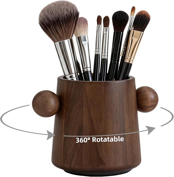 Walnut Wooden Makeup Brush Holder, Rotating Pencil Holder for Desk