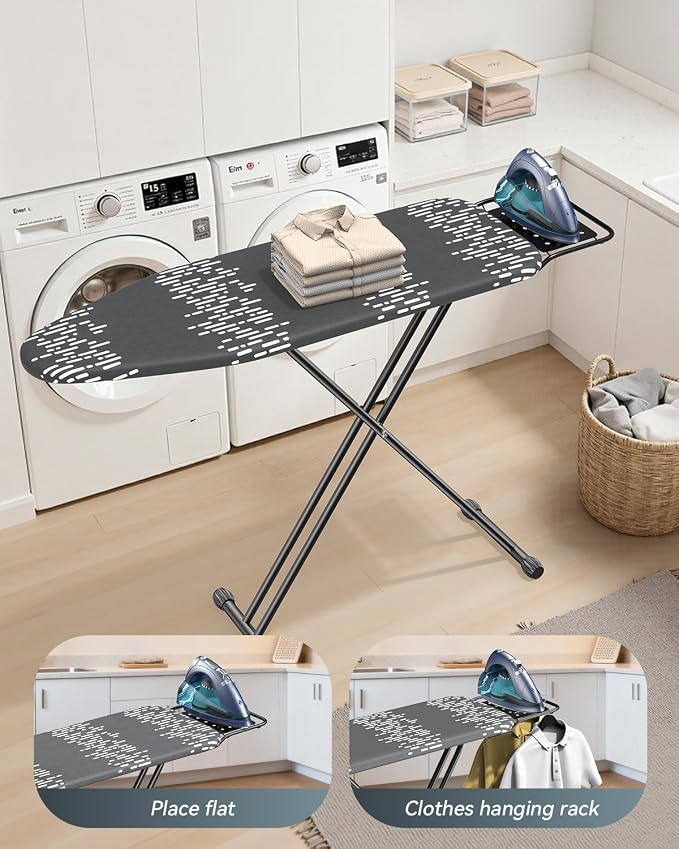 Full Size Ironing Board 54 x 13 in, Foldable with Iron Rest & Thick Pad | 7 height settings, safety lock, triple-layer heat protection, non-slip silicone feet, reinforced frame, built-in hanging hook