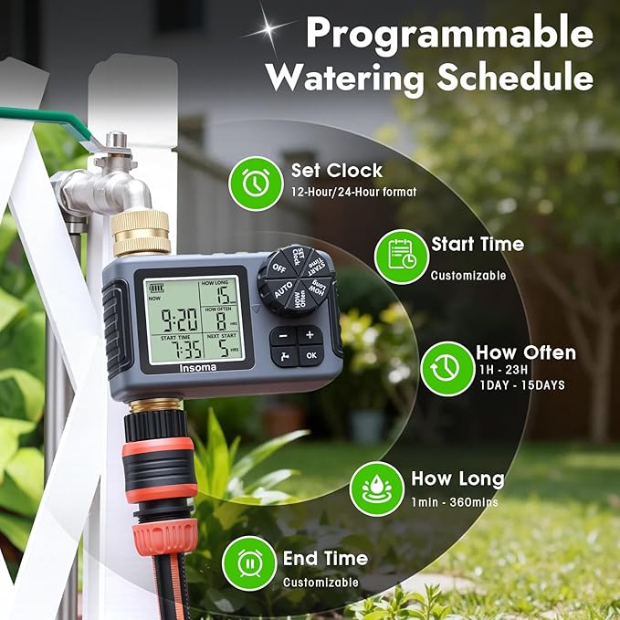 Water Timer for Garden Hose with 100% Brass Pipe, Programmable Sprinkler Controller for Garden Faucet with Auto/Manual/Rain Delay Mode, Irrigation Timers for Lawn, Yard, Outdoor Plants