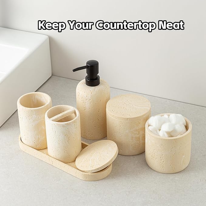 Bathroom Accessories Set, Travertine Stone-Look, 6 PCS, Yellow | Bathroom Accessory Set with Soap Dispenser, Toothbrush Holder, Tumbler, Vanity Tray, Cotton Swab Jars for Countertop