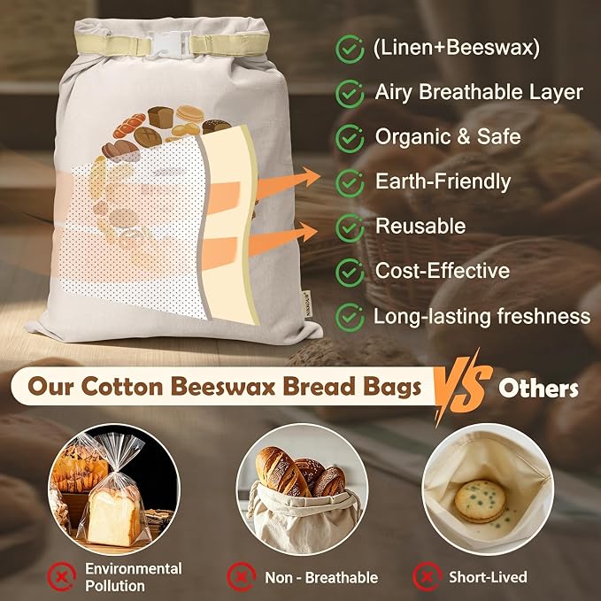 Large Linen Beeswax Bread Bags(2 Pack) Sourdough Bread Bags Reusable Double-Lock Freezer Baking Container Gift Giving for Homemade,Loaf,Sourdough,Food Storage (Bread Wreath Print)
