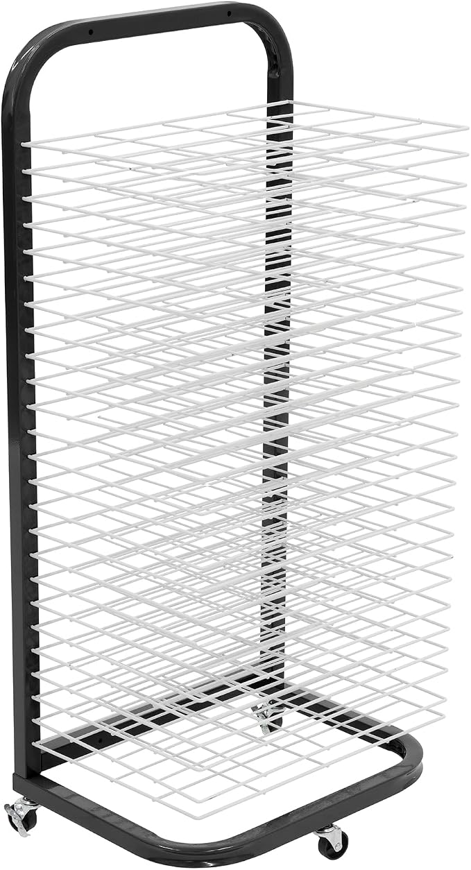 Pearington 25-Shelf Mobile/Wall Mountable Art Drying Rack for Art Studios & Classrooms, 13" D x 17.5" W x 39.4" H, Black/White