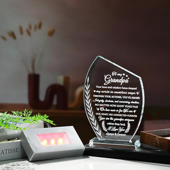 Birthday Gifts for Grandpa from Grandkids Glass Plaque Unique Present To My Grandpa with Colorful Led Base, Grandfather Gift for Thanksgiving Christmas Retirement Fathers Day