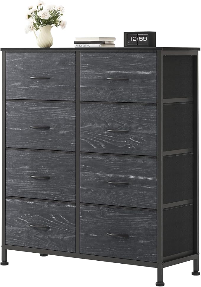 OLIXIS 8 Drawer Storage Dresser with Wood Top - Wide Fabric Chest Organizer for Bedroom, Closet, Living Room,Tower Cabinet, TV Stand, Hallway Entryway Furniture,Black Wood Grain