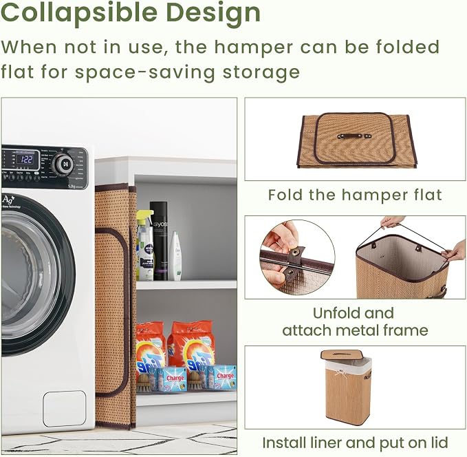 Byroce Bamboo Laundry Basket, Collapsible Laundry Hamper with Lid, Removable Liner & Handles, Dirty Clothes Toys Storage Bin for Laundry Room, Bedroom, Bathroom (Bamboo)