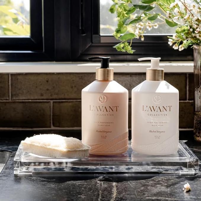 L'AVANT Collective Luxury Home Essentials High Performing Dish Soap, Hand Soap, Multipurpose Cleaner Spray, Scrub Brush, Lucite Tray Luxurious Ingredients Reusable Bottles (Blushed Bergamot)